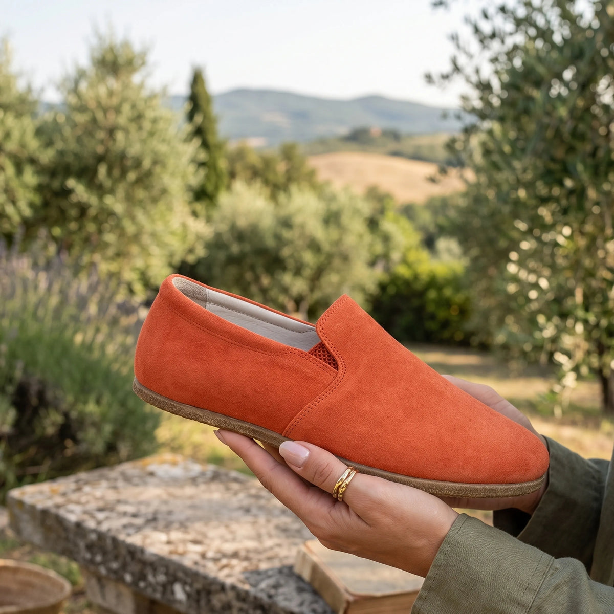 Suede Barefoot Slip-On Shoes – Classic Sole — Leather Sole – Orange