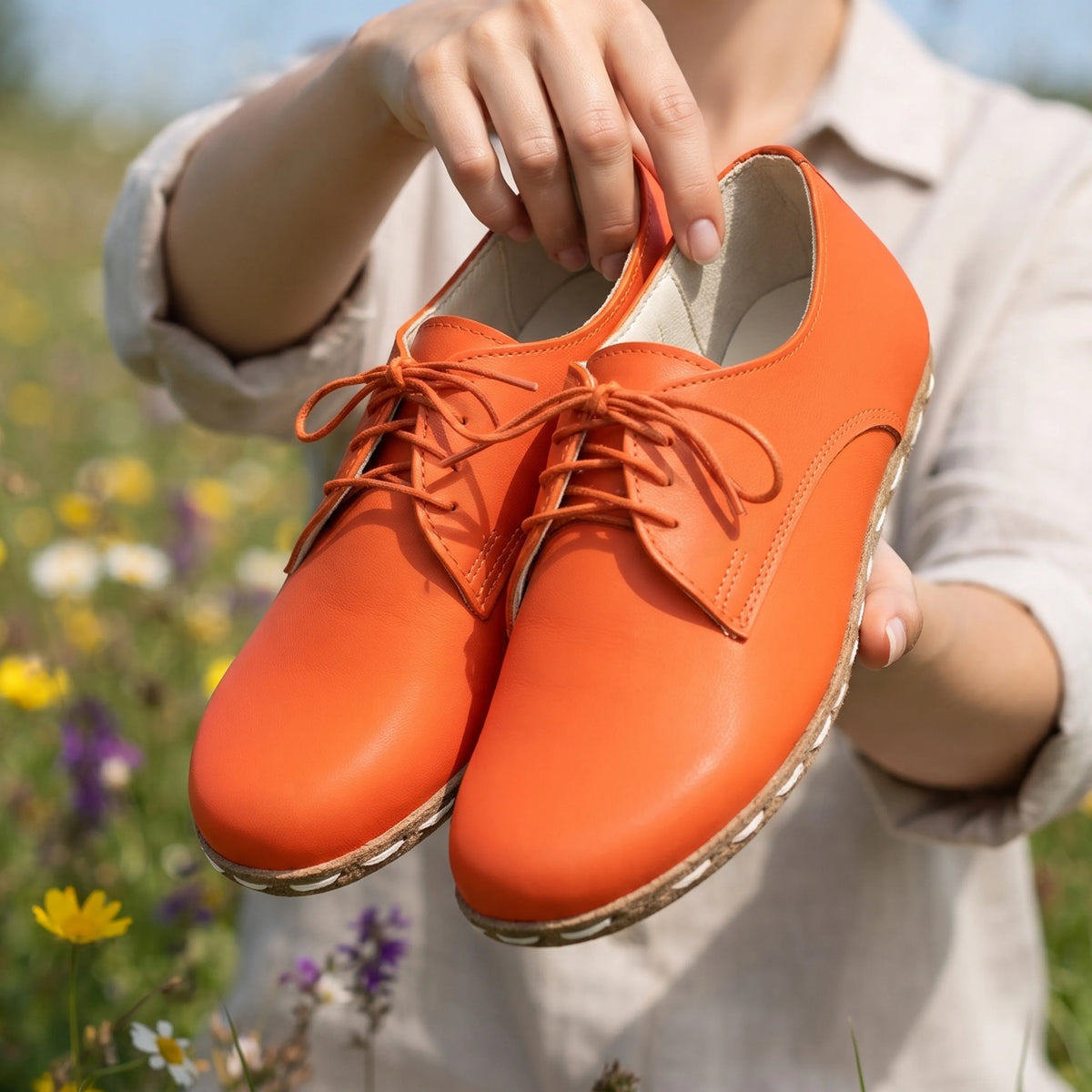Smooth Barefoot Oxford Shoes — Leather Sole – Orange