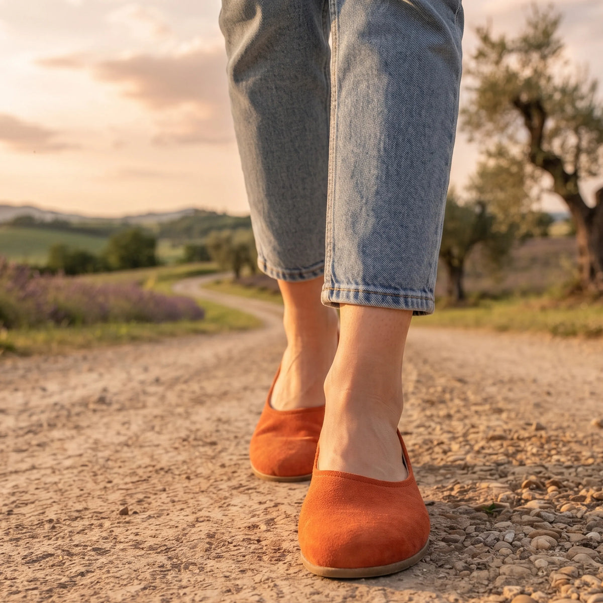 Suede Barefoot Ballet Shoes – Classic Sole — Leather Sole – Orange