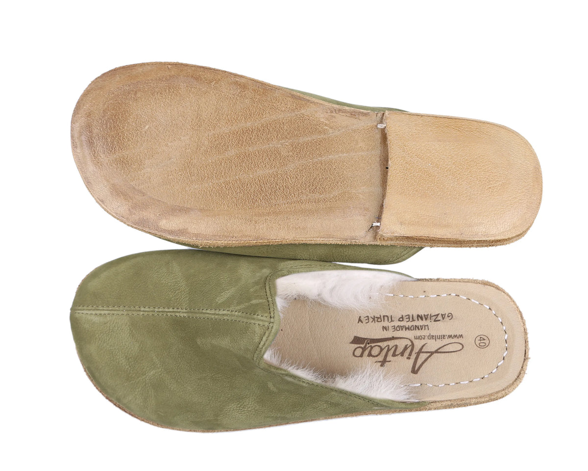 Nubuck Barefoot Shearling Sandals Shoes – Classic Sole — Leather Sole – Green