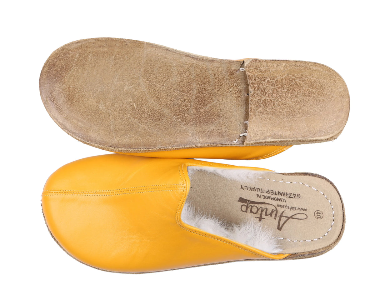 Smooth Barefoot Shearling Sandals Shoes – Classic Sole — Leather Sole – Mustard