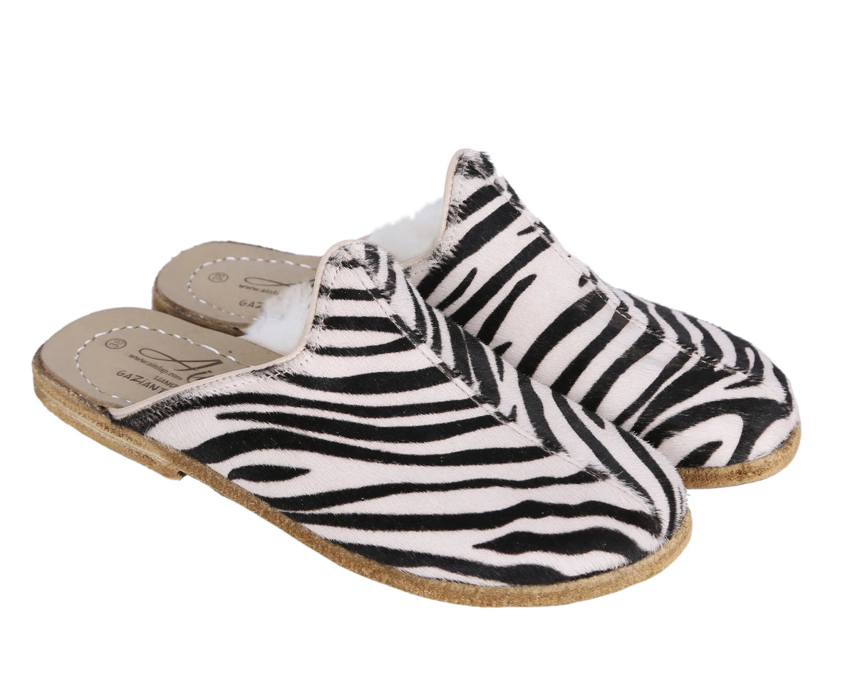 Hair Barefoot Shearling Sandals Shoes – Classic Sole — Leather Sole – Zebra