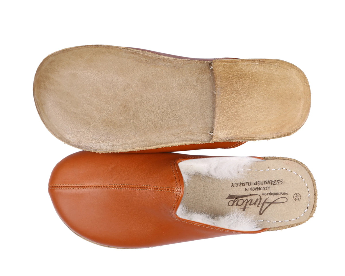 Smooth Barefoot Shearling Sandals Shoes – Classic Sole — Leather Sole – Tan