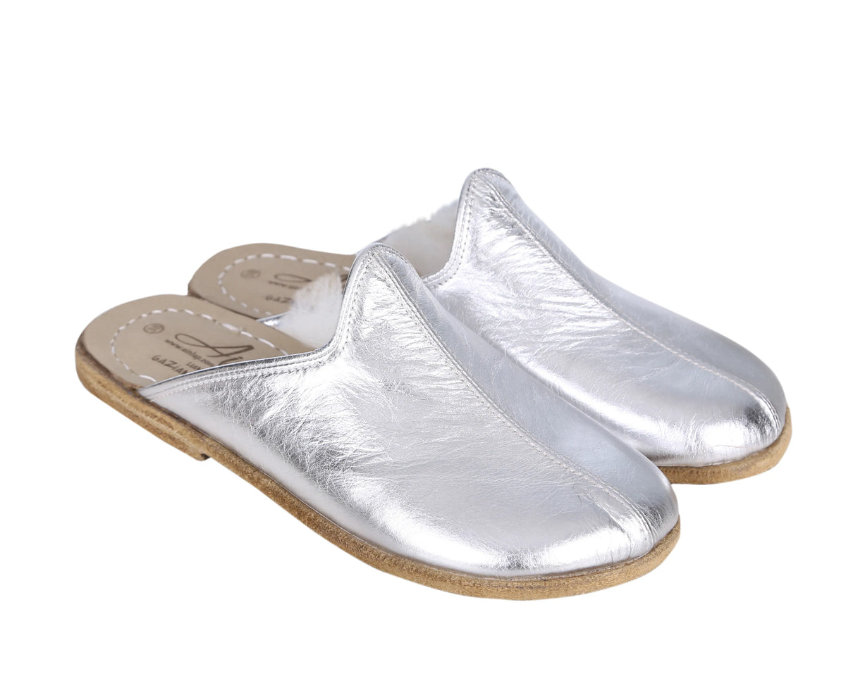 Bright Barefoot Shearling Sandals Shoes – Classic Sole — Leather Sole – Silver