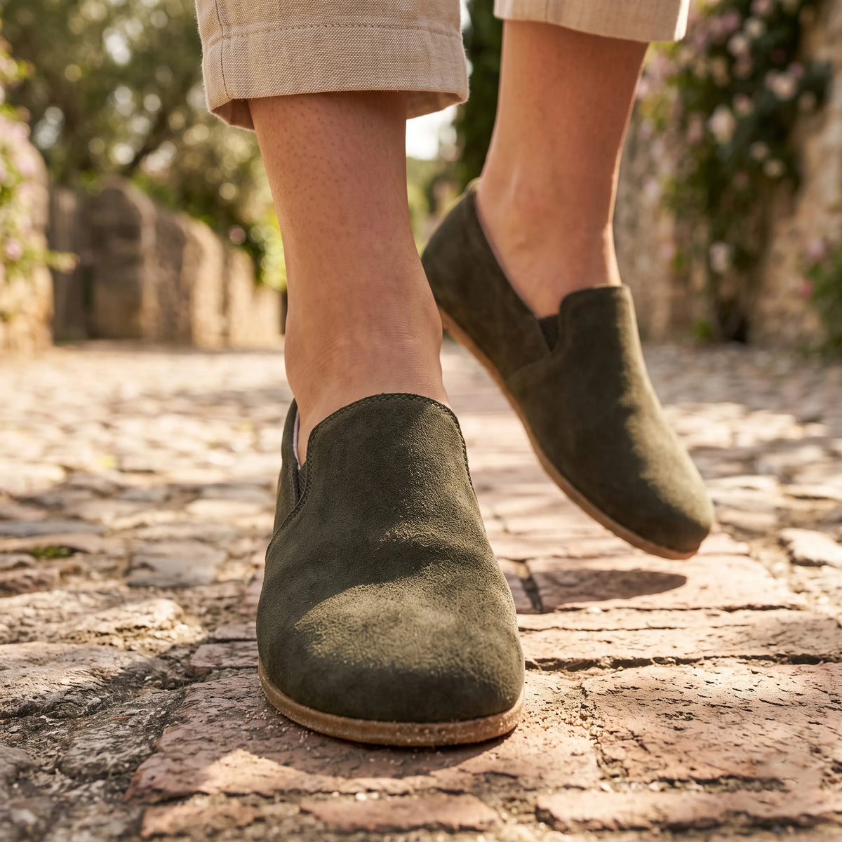 Suede Barefoot Slip-On Shoes – Classic Sole — Leather Sole – Green