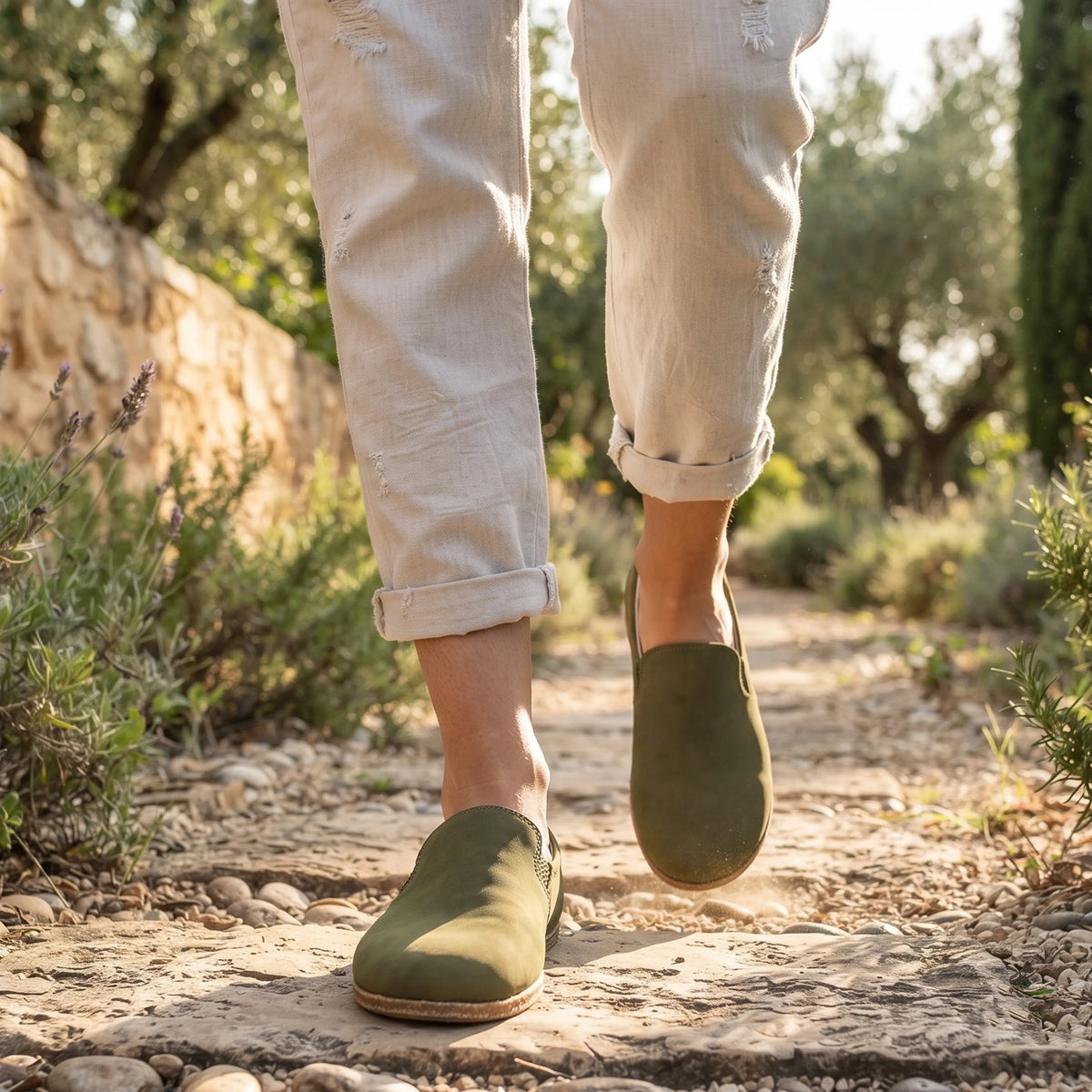 Nubuck Barefoot Slip-On Shoes – Classic Sole — Leather Sole – Green