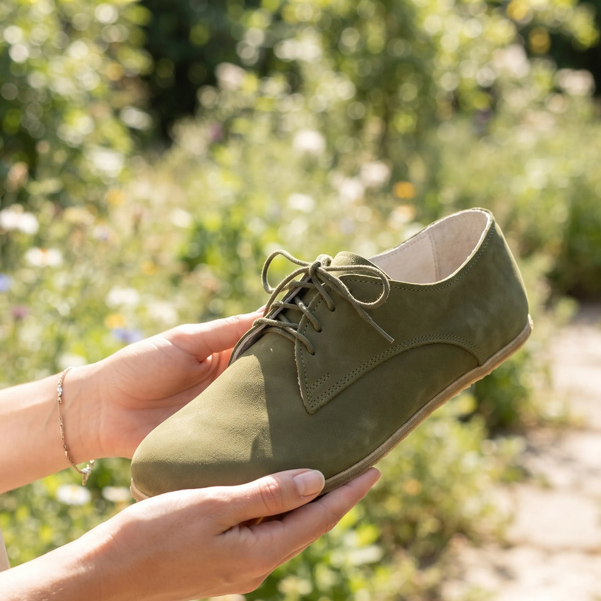Nubuck Barefoot Oxford Shoes – Classic Sole — Leather Sole – Green