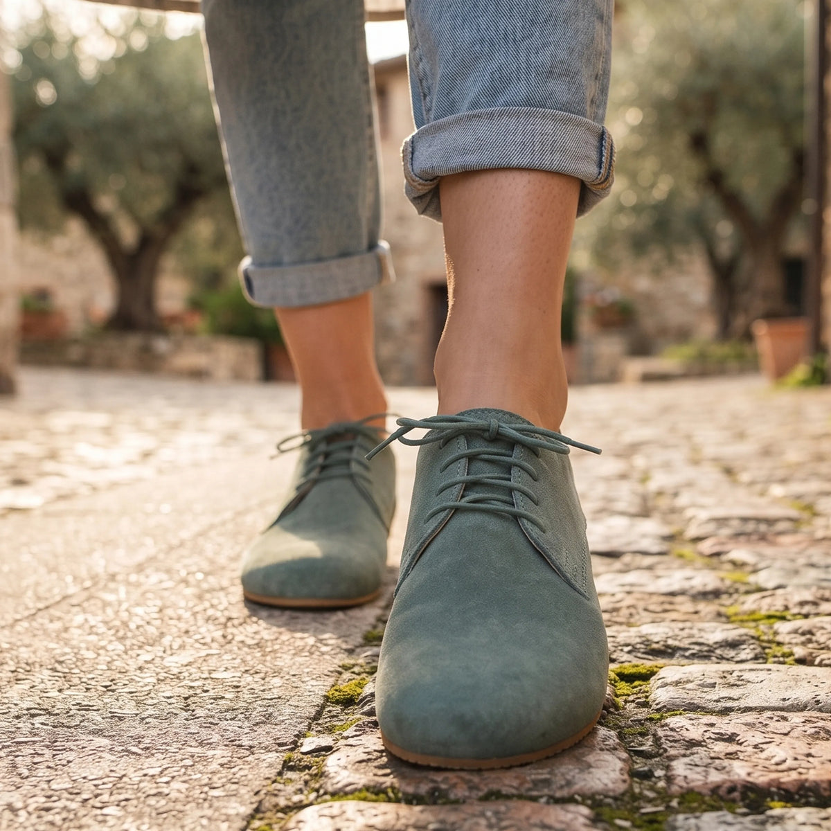 Suede Barefoot Oxford Shoes – Rubber Sole – Sea Blue