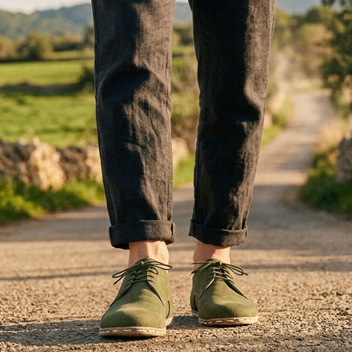 Nubuck Barefoot Oxford Shoes — Leather Sole – Green