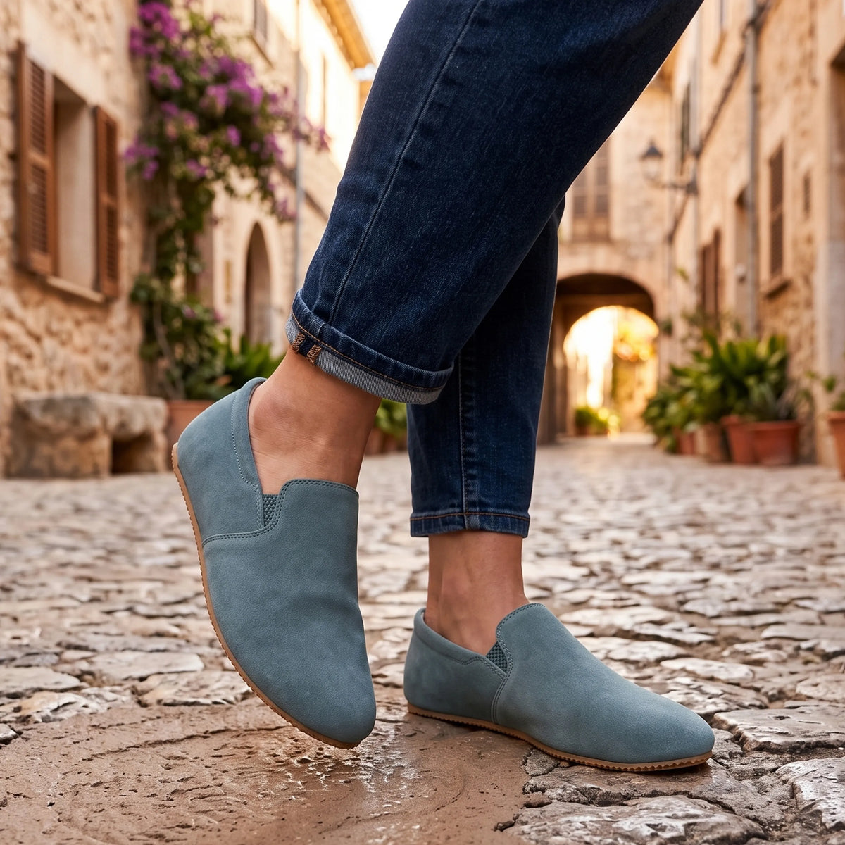 Suede Barefoot Slip-On Shoes – Rubber Sole – Sea Blue