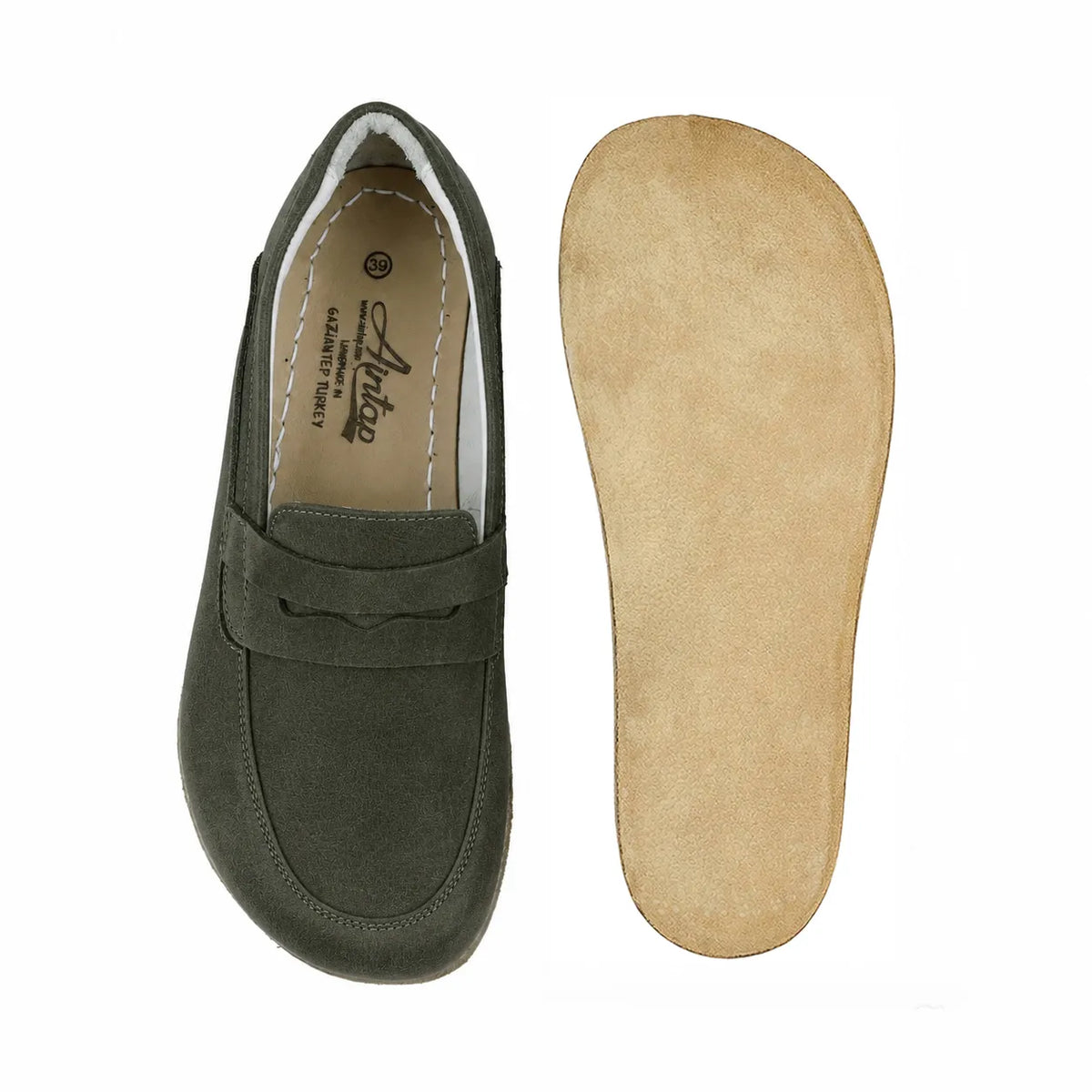 Suede Barefoot Penny Loafer Shoes – Classic Sole — Leather Sole – Green