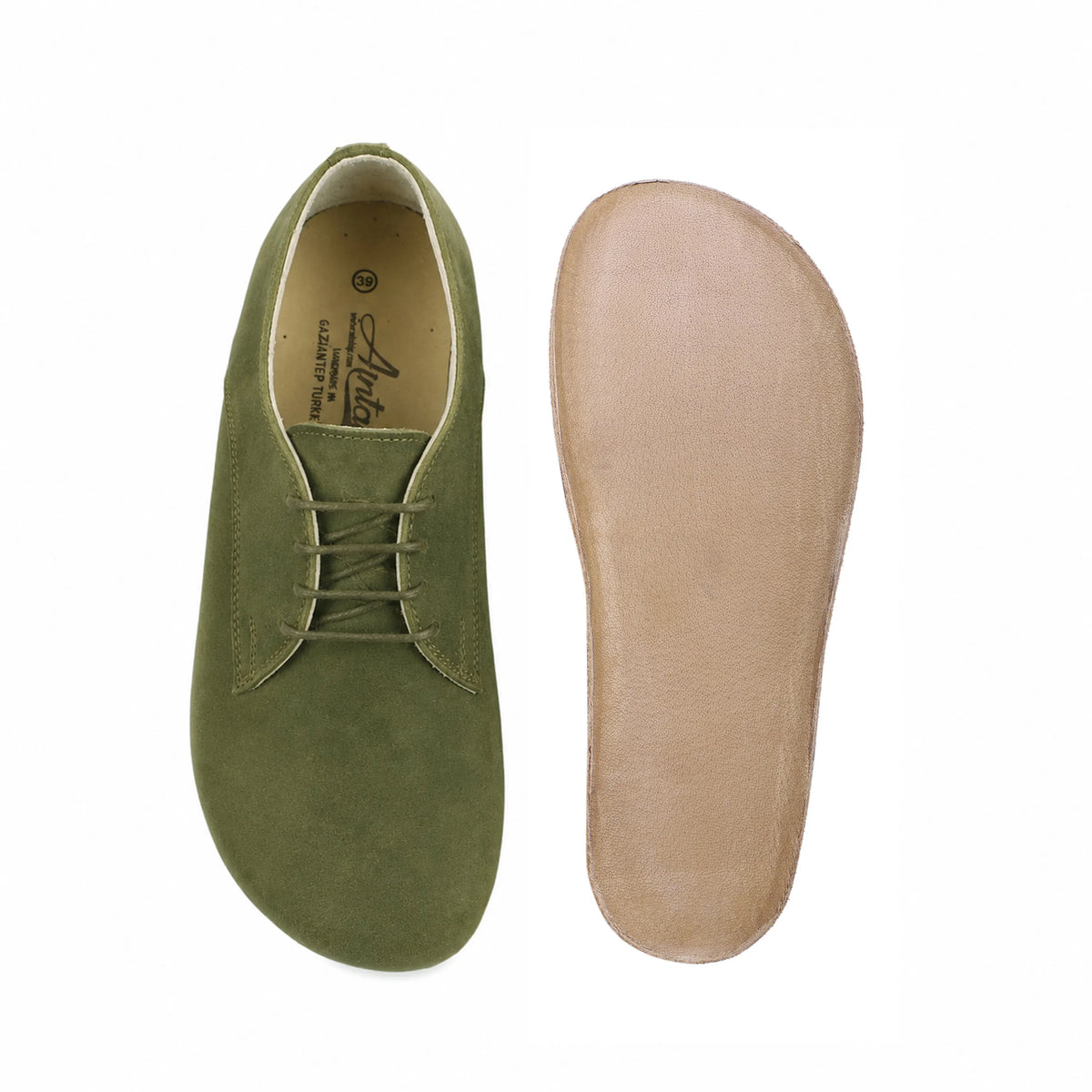 Nubuck Barefoot Oxford Shoes – Classic Sole — Leather Sole – Green