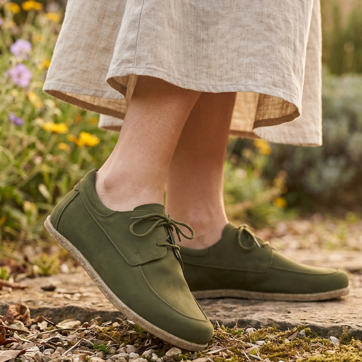 Nubuck Barefoot Laces Penny Loafer Shoes – Classic Sole — Leather Sole – Green