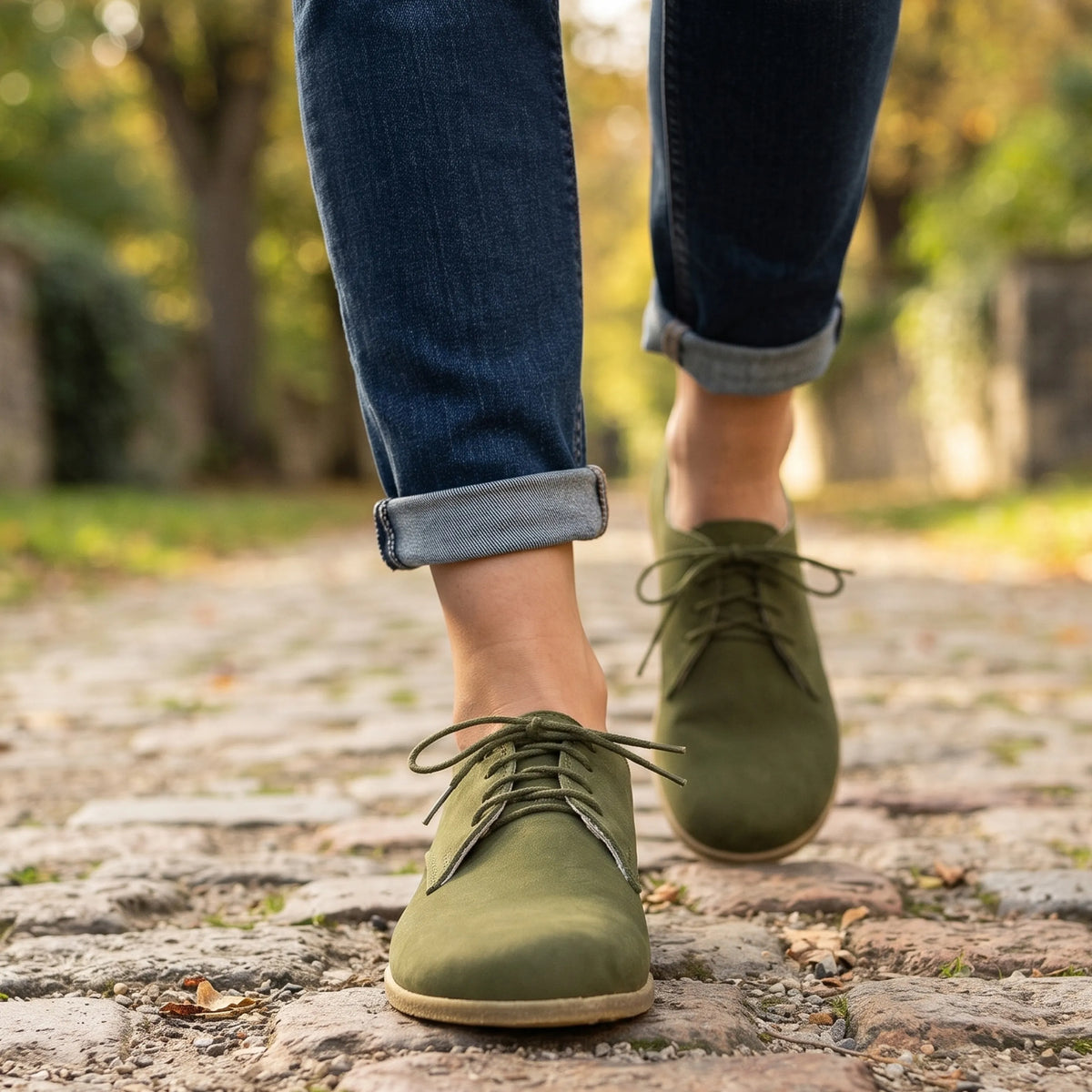 Nubuck Barefoot Oxford Shoes – Classic Sole — Leather Sole – Green