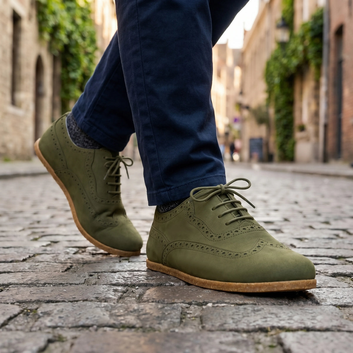 Nubuck Barefoot Moccasin Shoes – Classic Sole — Leather Sole – Green
