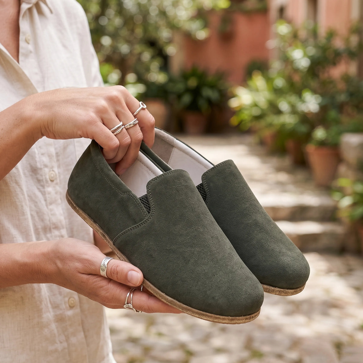 Suede Barefoot Slip-On Shoes – Classic Sole — Leather Sole – Green