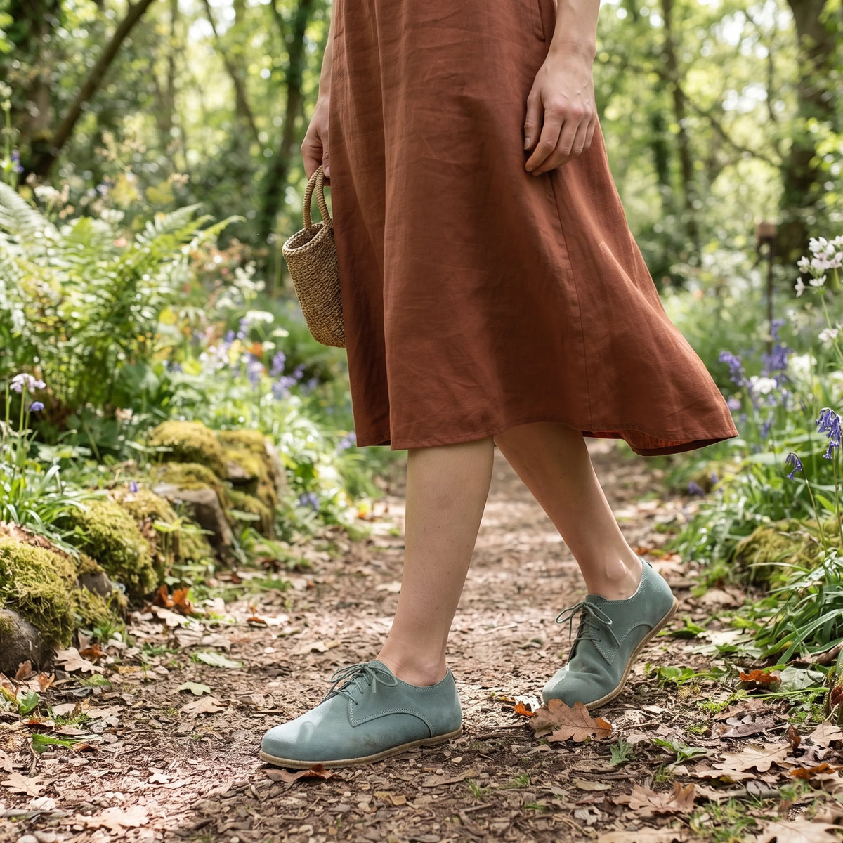 Suede Barefoot Oxford Shoes – Classic Sole — Leather Sole – Sea Blue