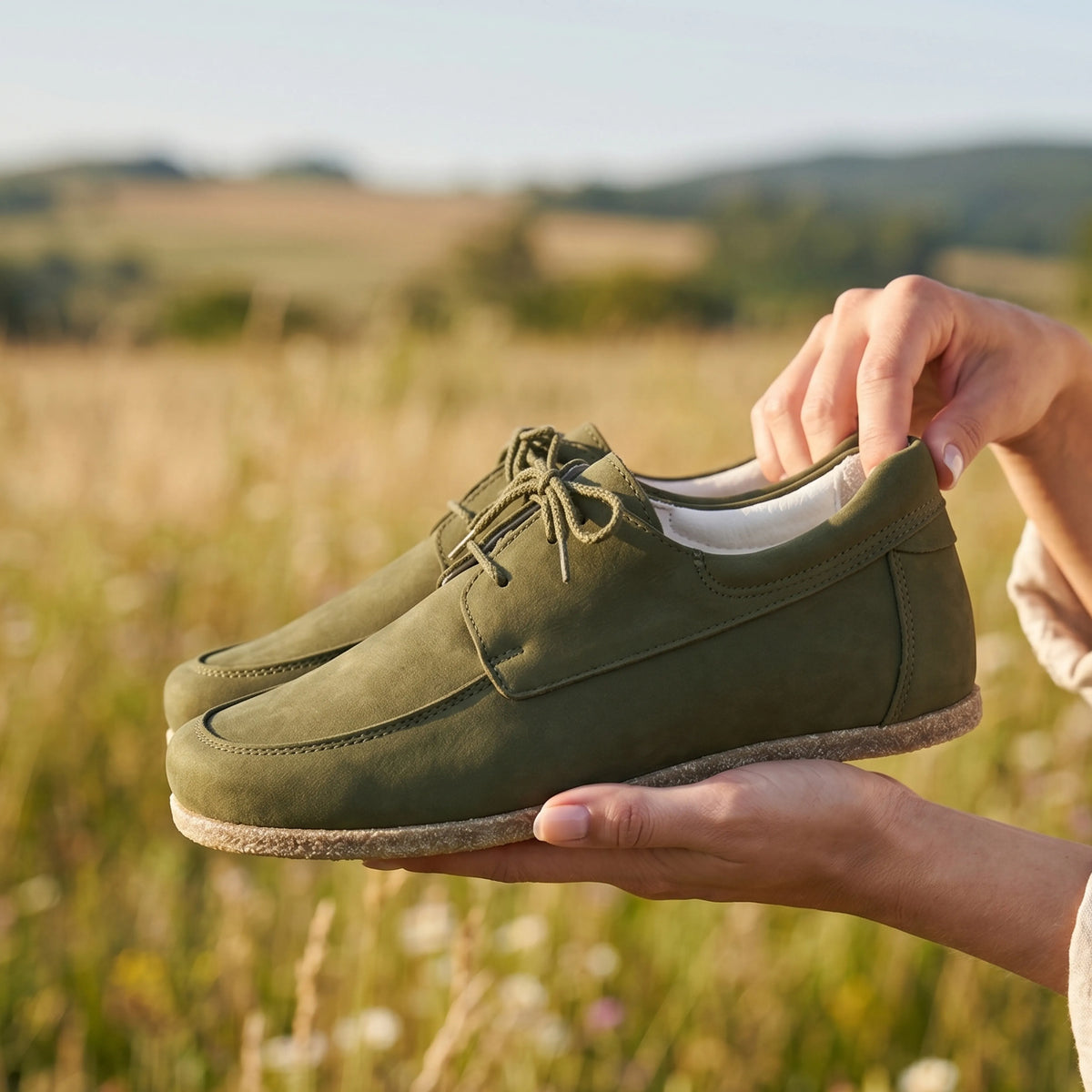 Nubuck Barefoot Laces Penny Loafer Shoes – Classic Sole — Leather Sole – Green