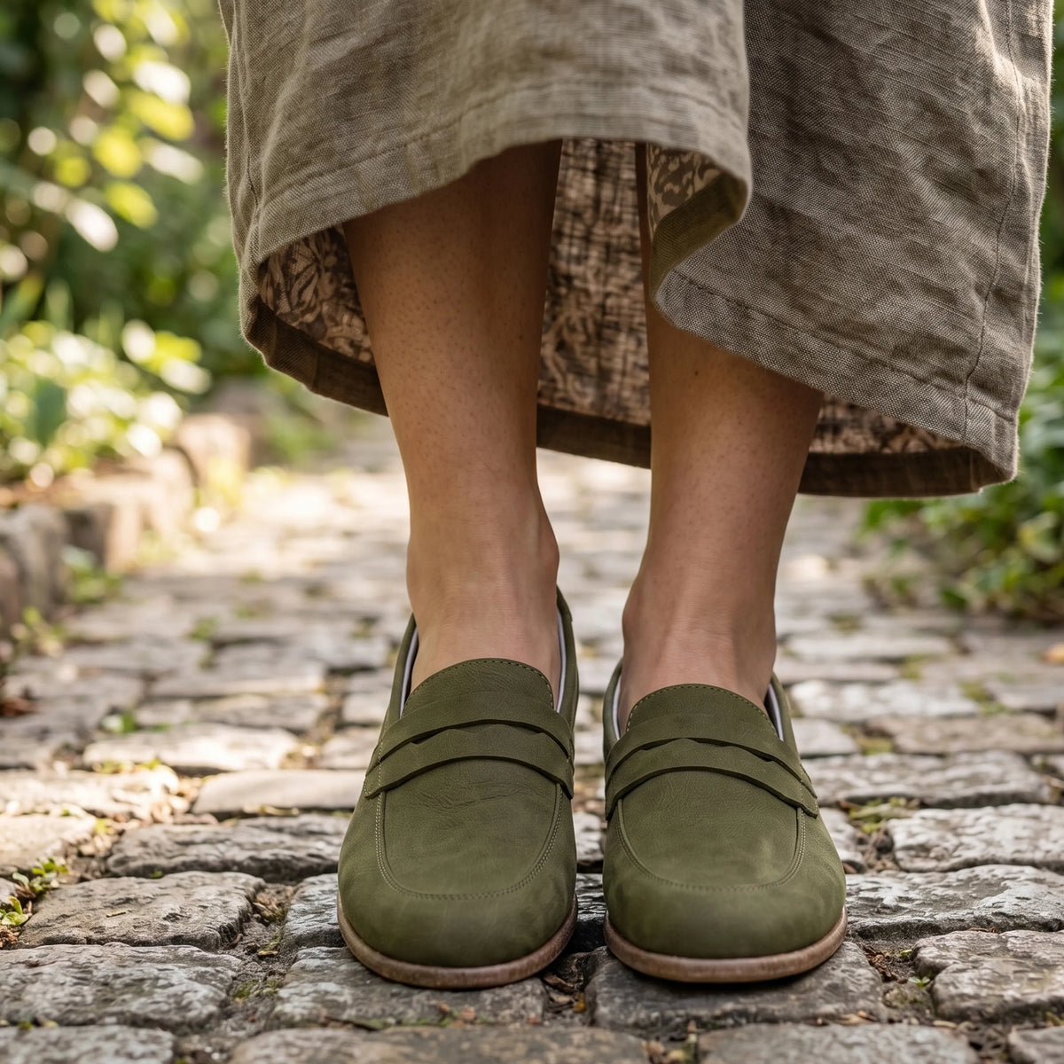 Nubuck Barefoot Penny Loafer Shoes – Classic Sole — Leather Sole – Green
