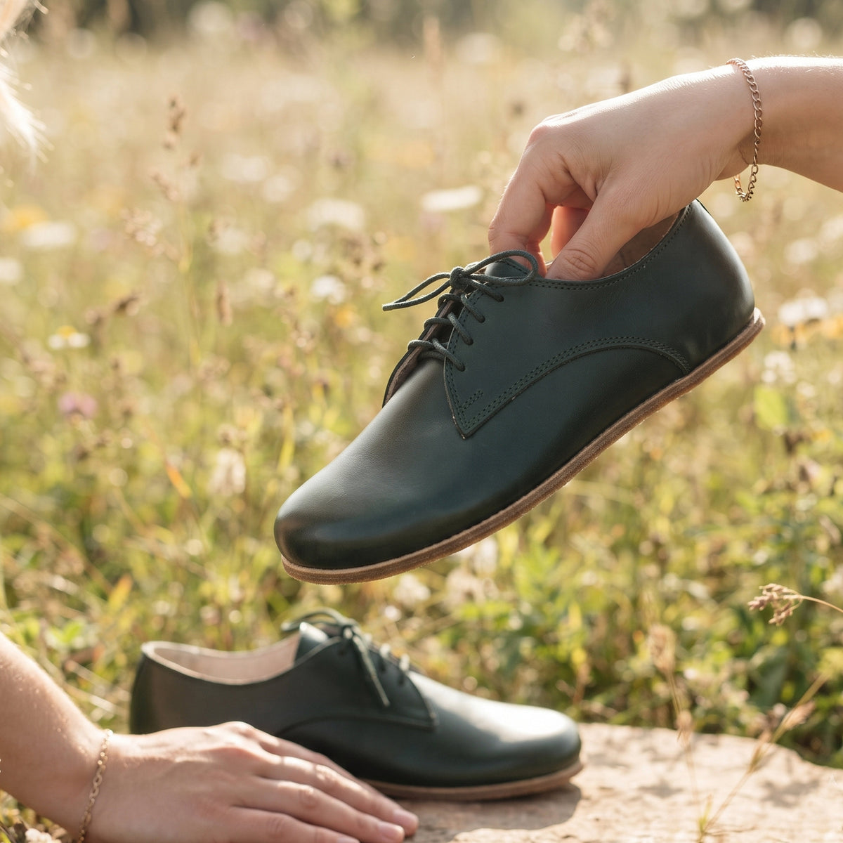 Smooth Barefoot Oxford Shoes – Classic Sole — Leather Sole – Green