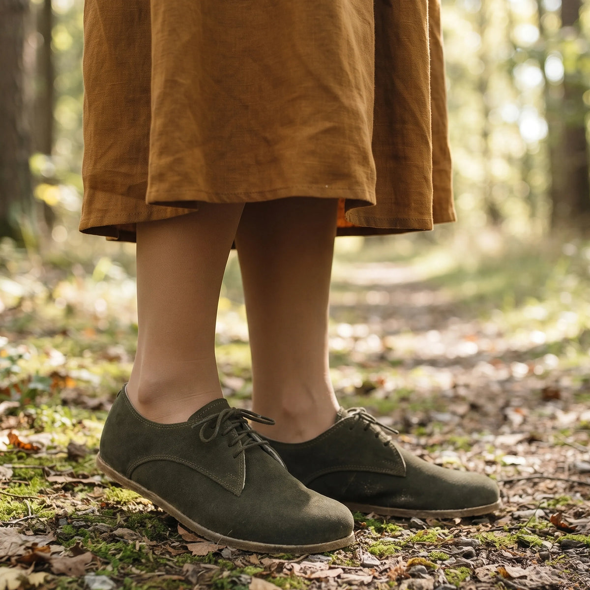 Suede Barefoot Oxford Shoes – Classic Sole — Leather Sole – Green