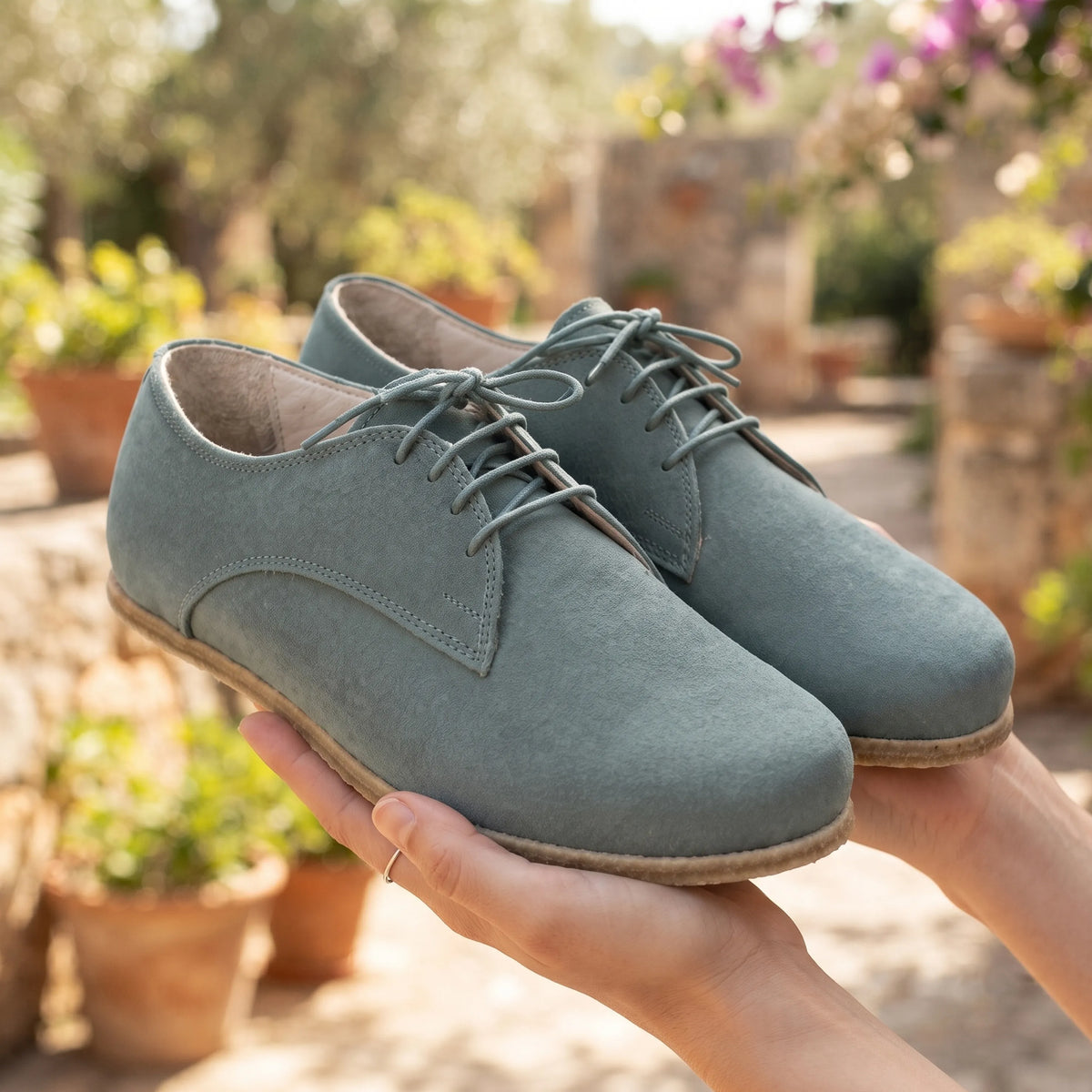 Suede Barefoot Oxford Shoes – Classic Sole — Leather Sole – Sea Blue