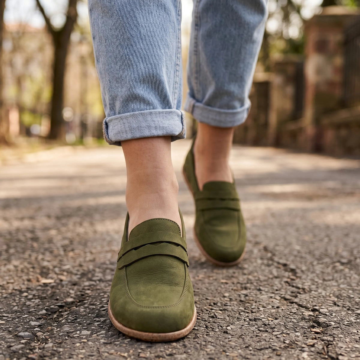 Nubuck Barefoot Penny Loafer Shoes – Classic Sole — Leather Sole – Green